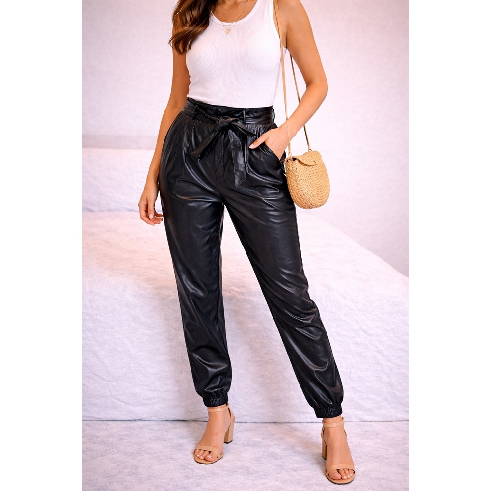 Express Womens Faux Leather High Waisted Tie Waist Tapered Pants Black Size S